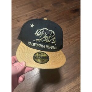 New Era 59FIFTY California Republic Bear Fitted Hat Black Gold Mens Size 7 3/4